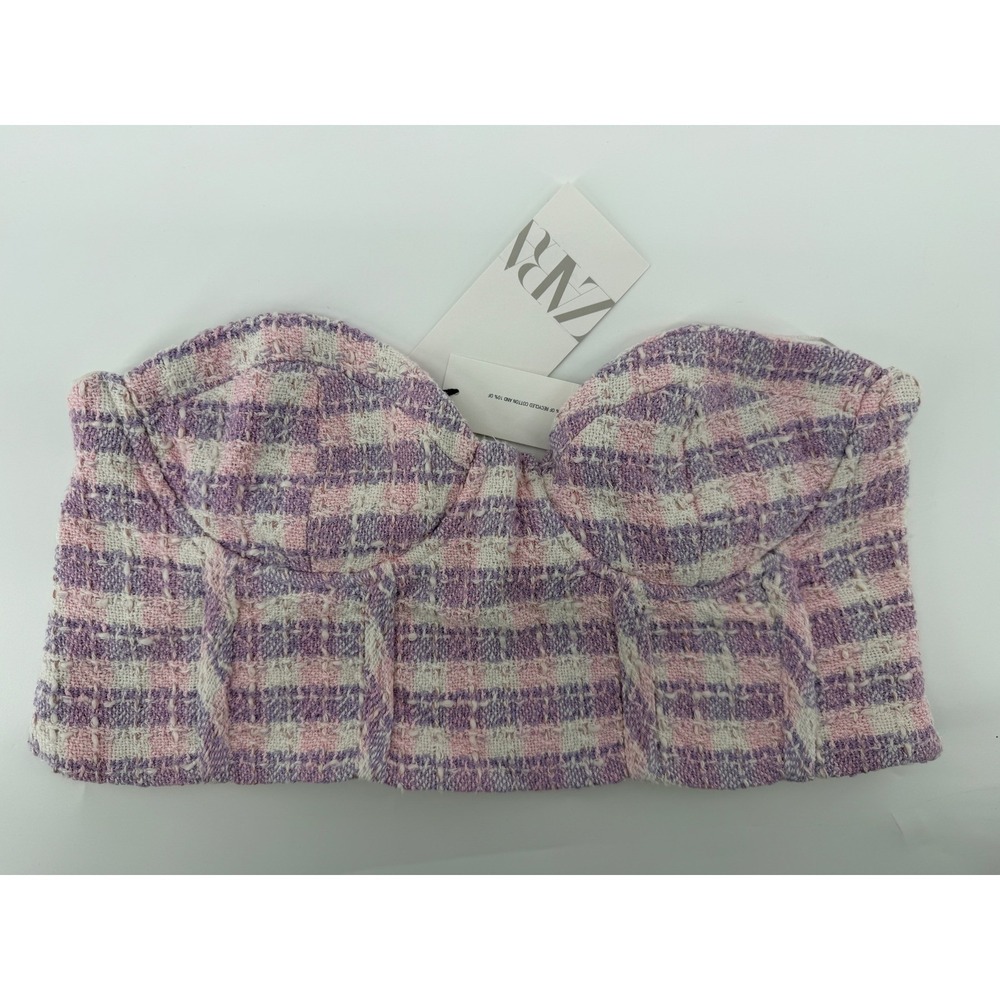 Zara Purple Pink Tweed Bustier Crop Top Strapless Plaid Corset L 7683/377/050